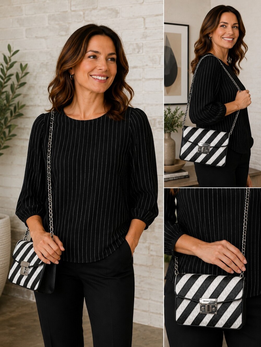 Michael Kors Black and White Diagonal Stripe Shoulder Bag EUC
